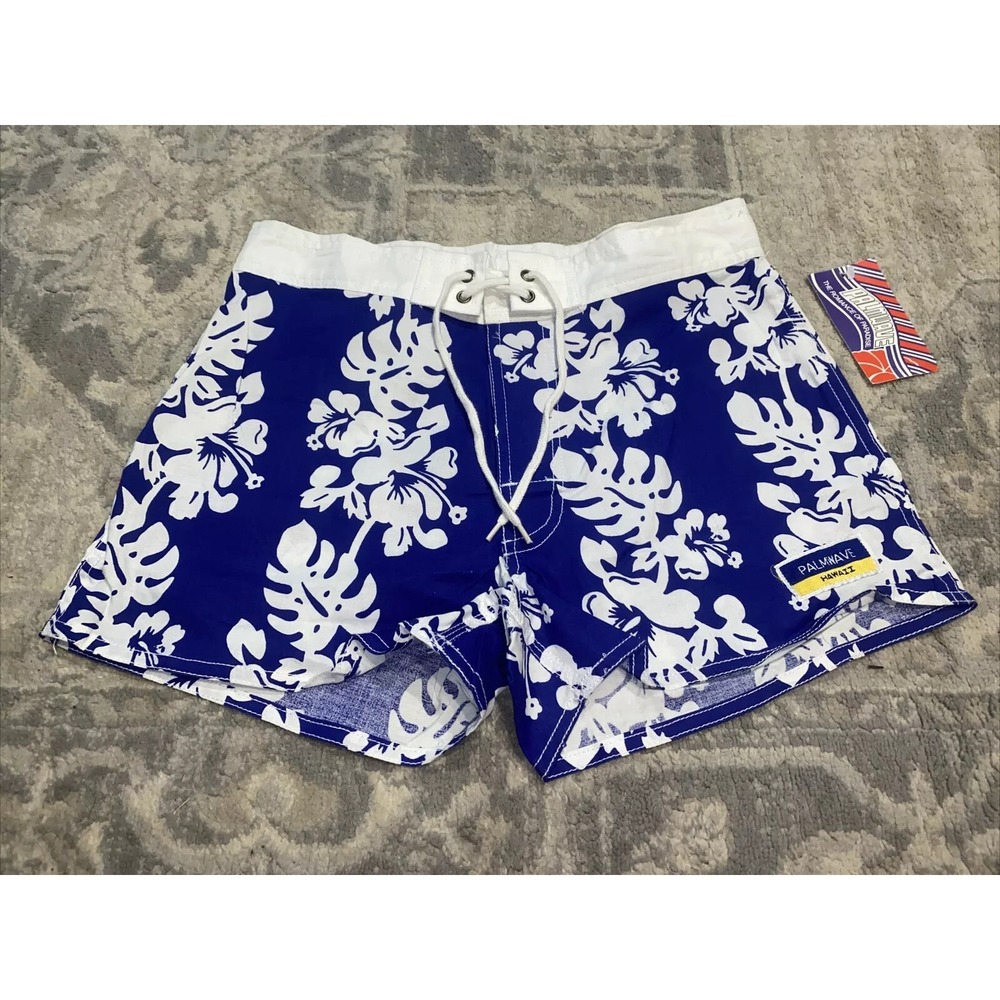 New Palmwave Hawaii jr juniors Blue White Tropical‎ Board Cotton Shorts Sz Large